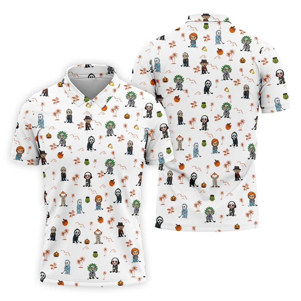 Horror Halloween Character Tropical Golf Shirt, Halloween Polo Shirt Mens White Polo, Golfing Apparel