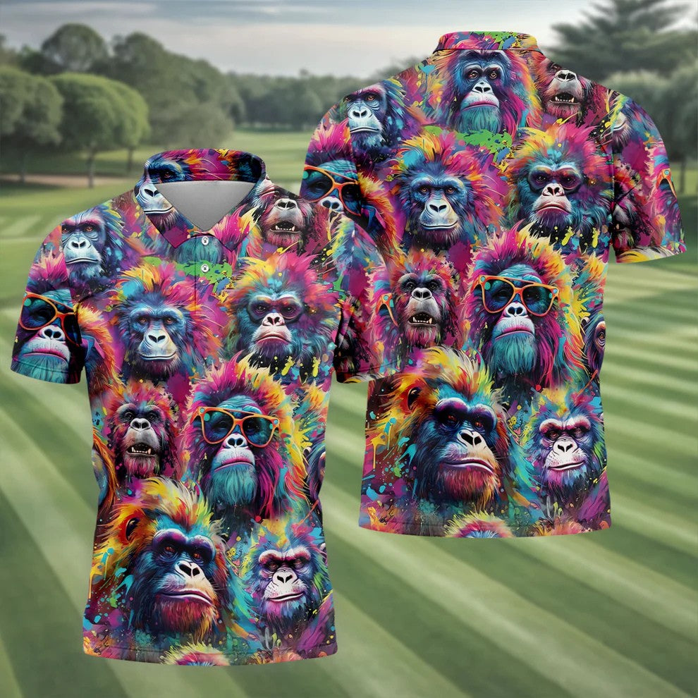 Street Art Style Cool Gorilla Hawaiian Golf Shirt, Tropical Theme Golf Shirts For Men