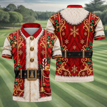 Ornate Santa Suit Christmas Golf Shirt, Golf Shirts For Men, Mens Holiday Golf Shirts