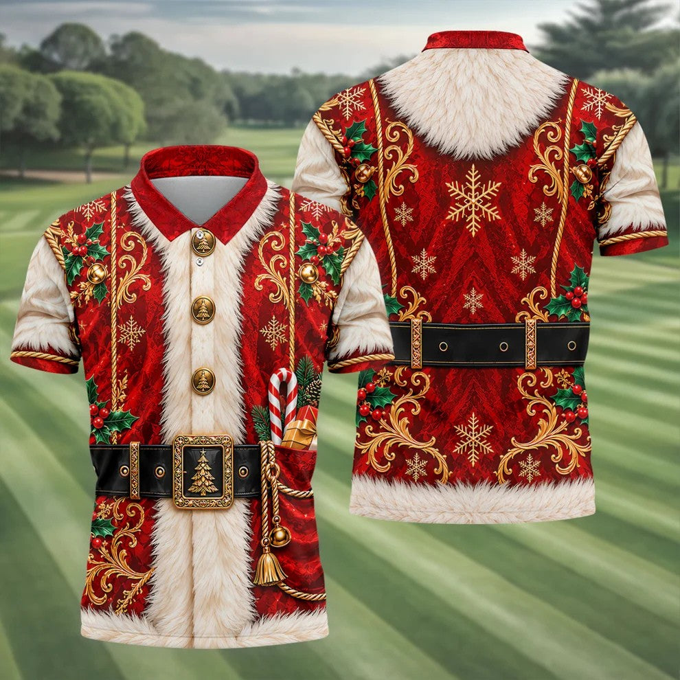 Ornate Santa Suit Christmas Golf Shirt, Golf Shirts For Men, Mens Holiday Golf Shirts