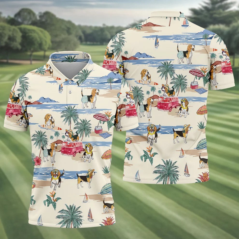 Cute Beagle Beach Vacation Tropical Golf Polo Shirt, Hawaiian Golf Shirt, Golf Shirts For Men