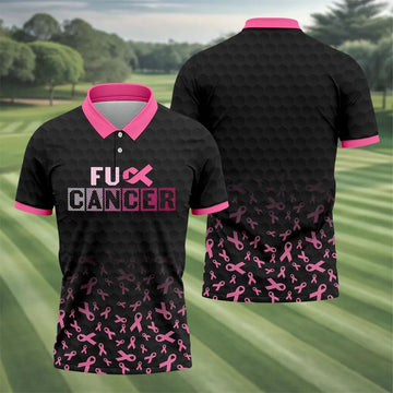 Fuck Cancer Black Pink Ribbon Breast Cancer Polo Shirt, Men's Golf Shirt, Mens Golf Polo