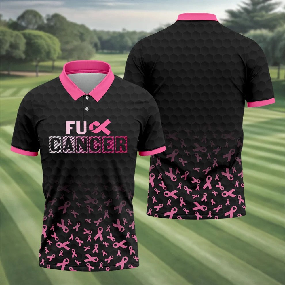 Fuck Cancer Black Pink Ribbon Breast Cancer Polo Shirt, Men's Golf Shirt, Mens Golf Polo