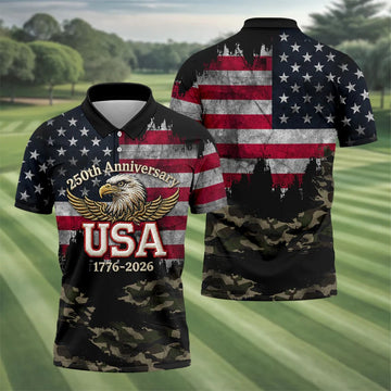 250th Anniversary Camo Golf Shirt, Distressed US Flag Patriotic 4th Of July Golf Shirts For Men