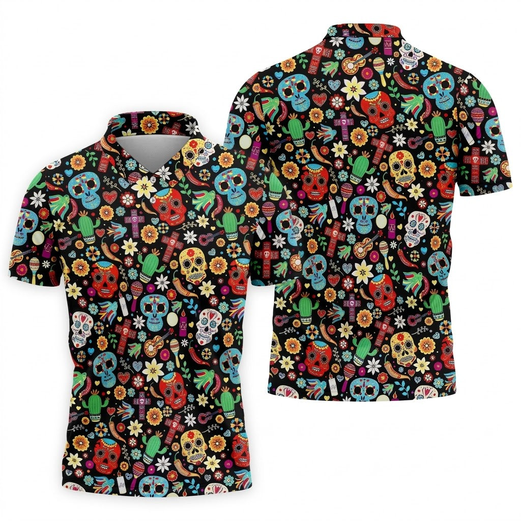 Skull With Flowers Cinco De Mayo Celebration Fiesta Themed Golf Tops For Men, Golf Shirts For Men