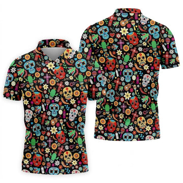 Skull With Flowers Cinco De Mayo Celebration Fiesta Themed Golf Tops For Men, Golf Shirts For Men