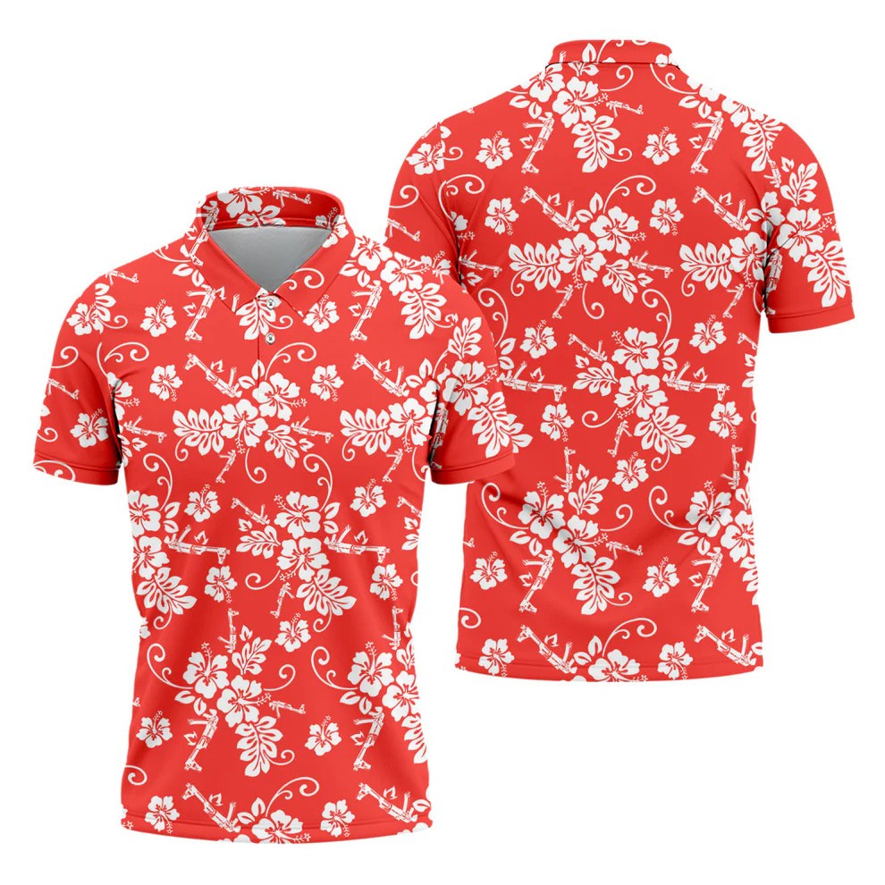 Tropical Flower Red Golf Shirt, Hawaiian Golf Shirt, Polo Shirts For Men, Golf Shirts For Men