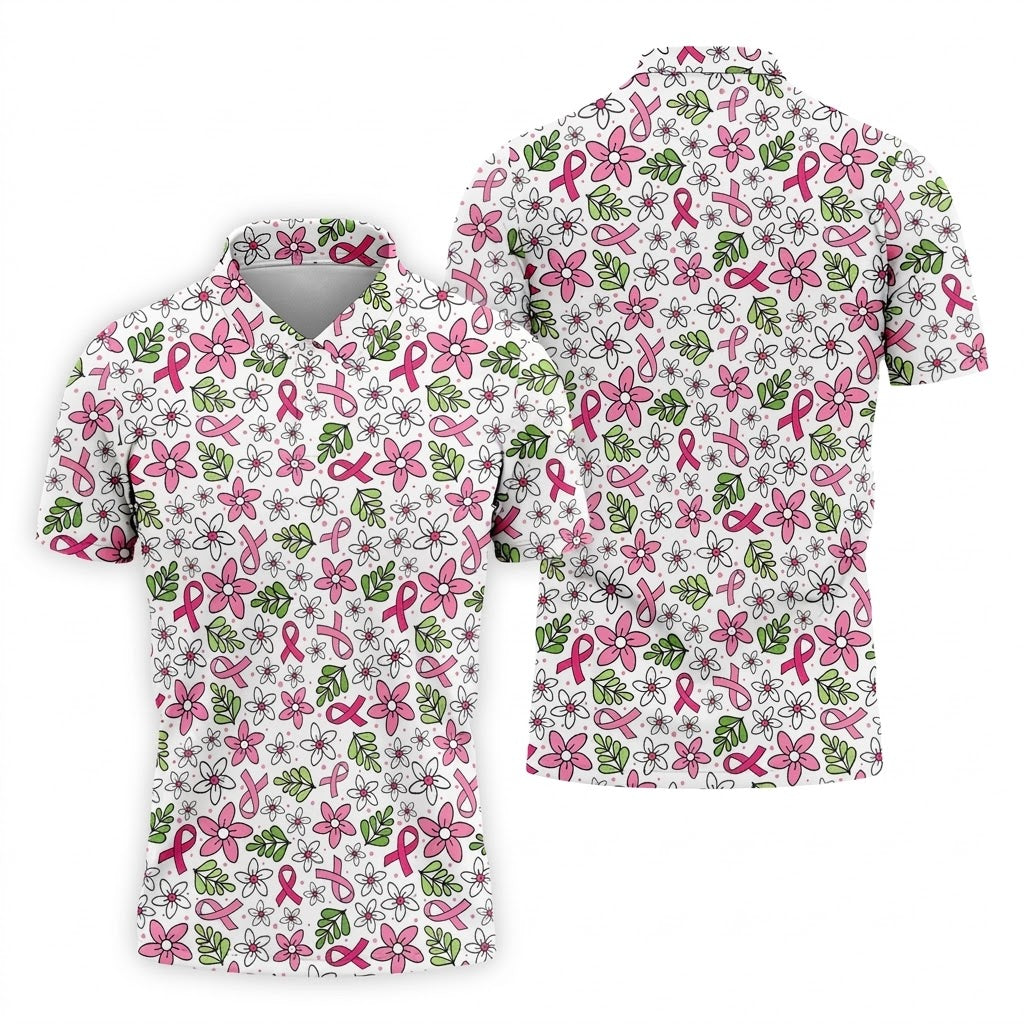 Breast Cancer Awareness Ribbon Flower Men Shirt, Cancer Awareness Shirt, Polo ShirtFor Men
