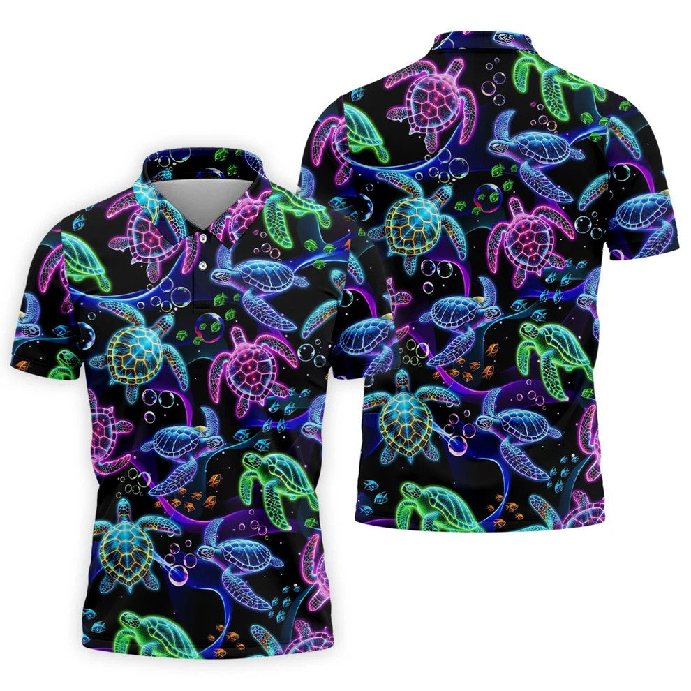 Neon Sea Turtle Ocean Pattern Hawaiian Golf Polo Shirt, Mens Golf Polo, Printed Golf Shirts