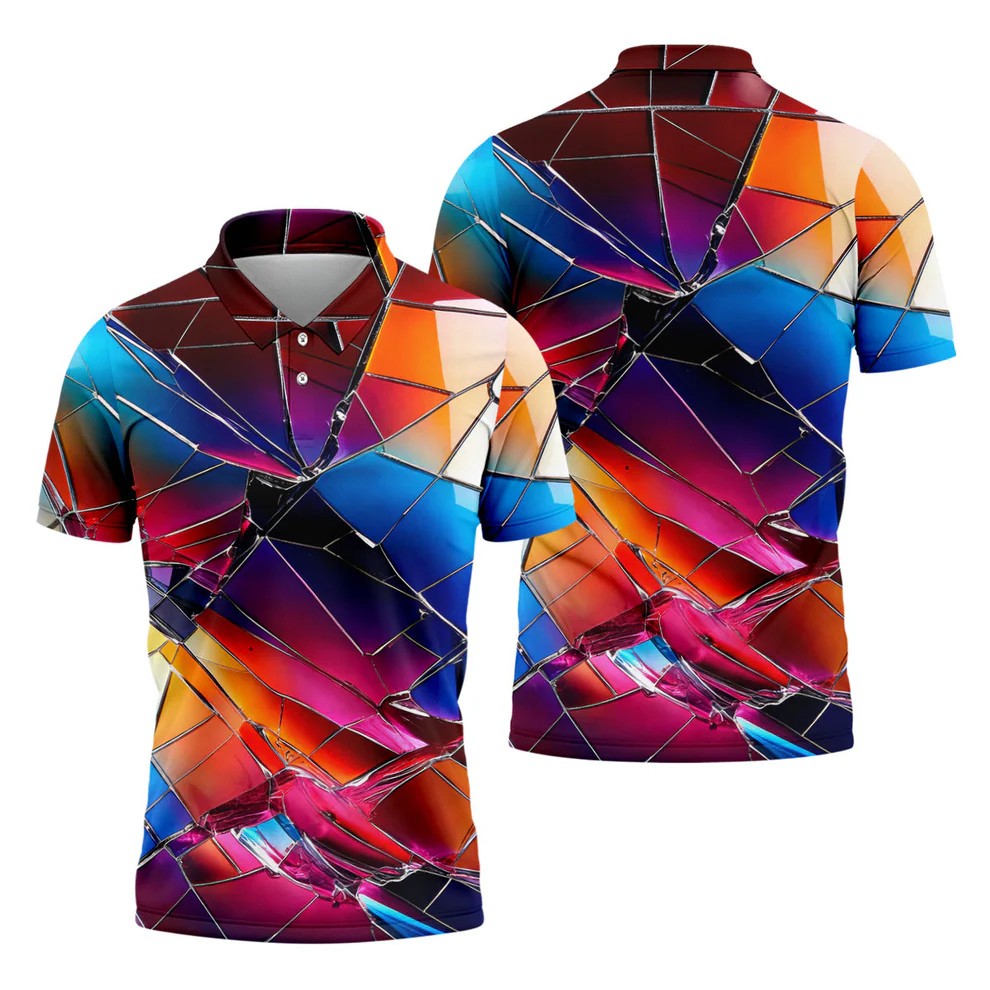 Colorful Broken Glass Abstract Golf Polo Shirt, Golf Shirts For Men, Printed Golf Shirts