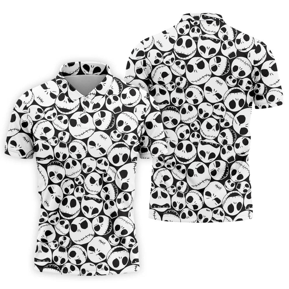 Horror Character Skull Face All Over Golf Polo Shirt, Golf Apparel For Men, Mens Polo Shirts