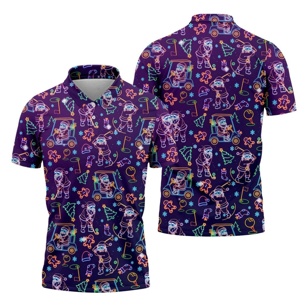 Christmas Neon Santa Golf Pose Men's Funny Golf Tops, Christmas Golf Shirt, Polo Shirts For Men