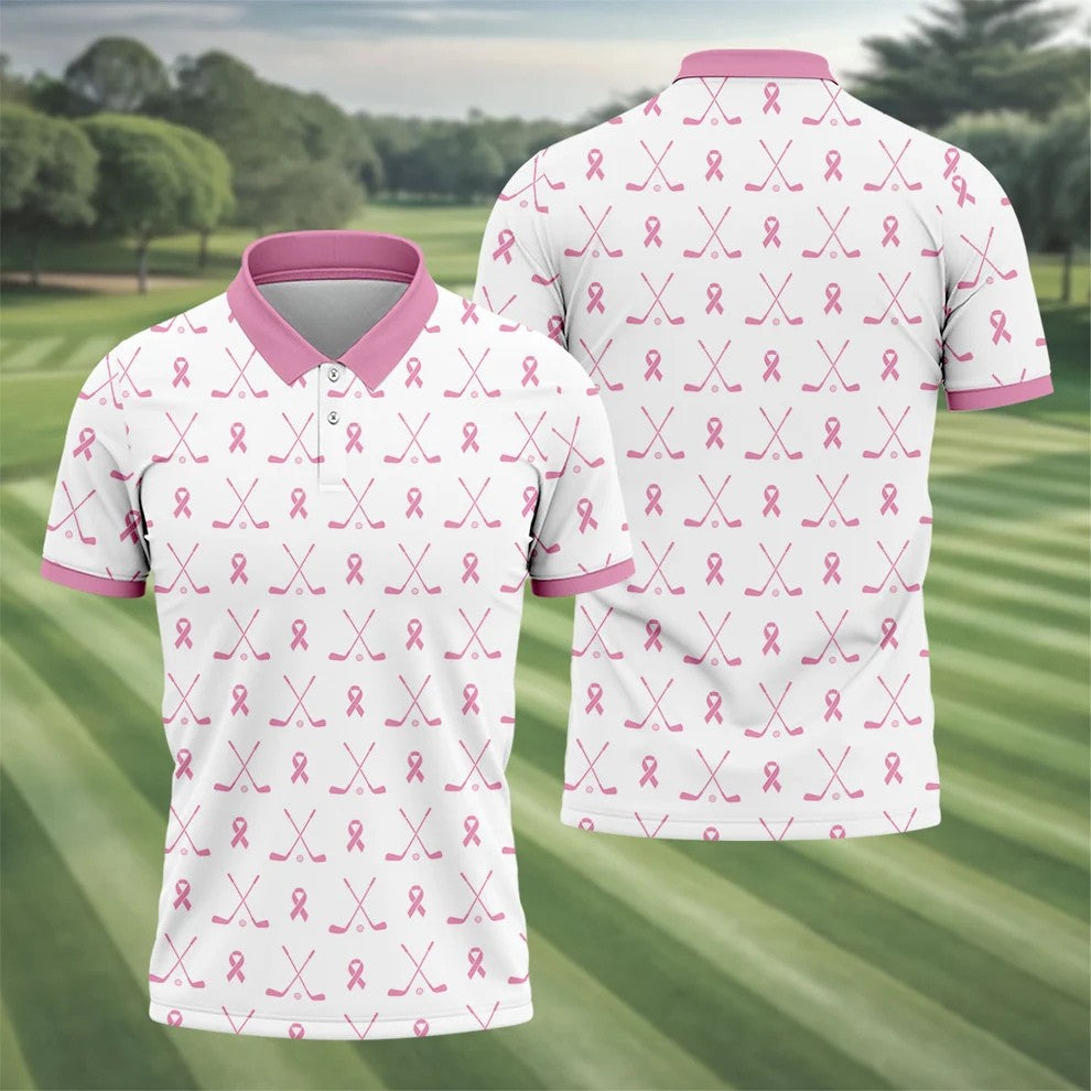 Pink Ribbon Golf Clubs Breast Cancer Polo Shirt, Golf Shirts For Men, Mens Golf Apparel