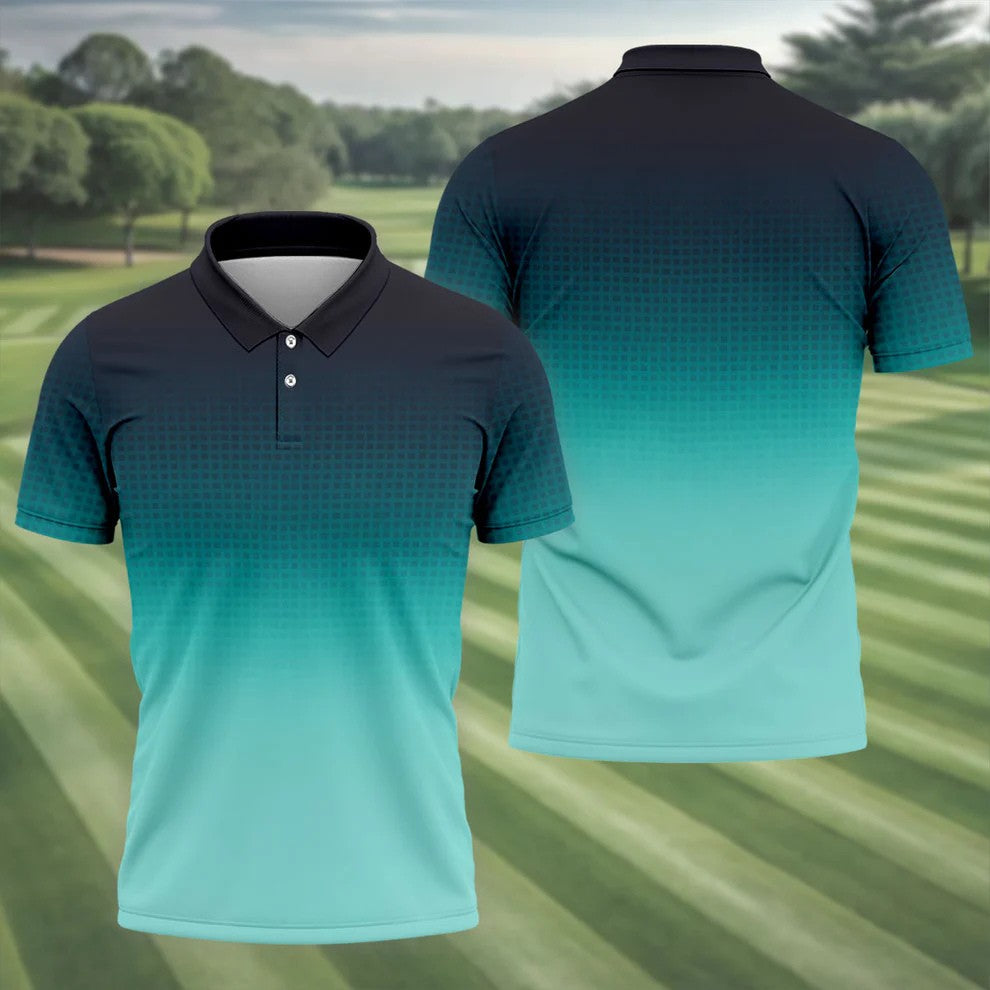 Turquoise Gradient Hawaiian Golf Shirt, Golf Tops For Men, Polo Shirts For Men