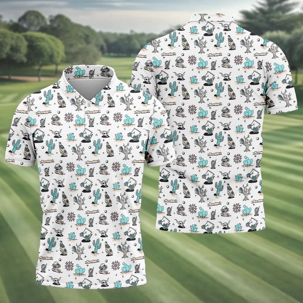 White Desert Golf Pattern Golf Polo Shirt, Golf Polo Shirts For Men, Hawaiian Golf Shirt