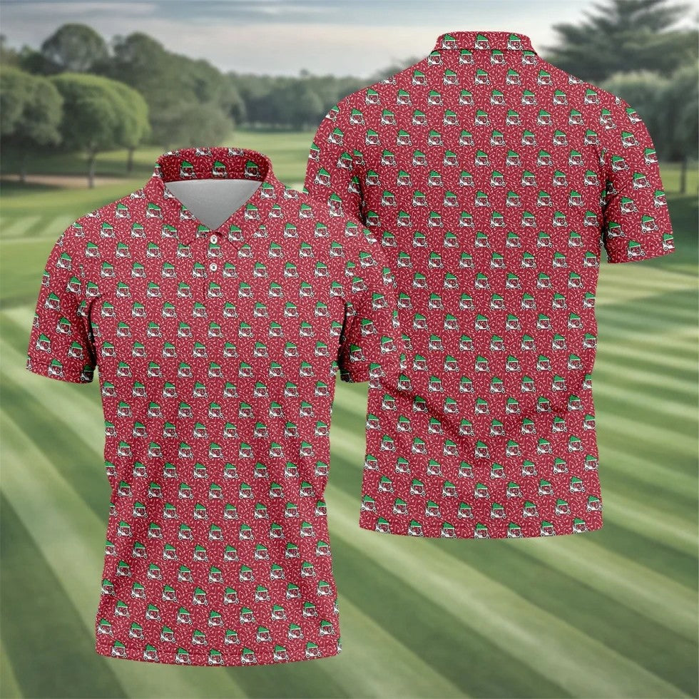 Christmas Golf Cart Pattern Red Men's Golf Tops, Christmas Golf Shirt, Polo Shirts For Men