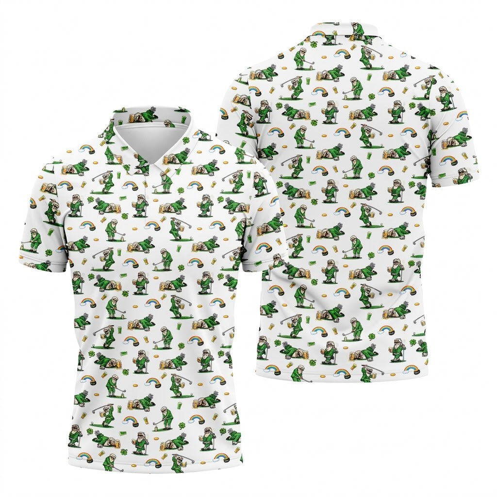 St Patrick's Day Leprechaun Character Golf And Beer White Golf Shirt, Fun Golf Shirts For Men, Polo For Men
