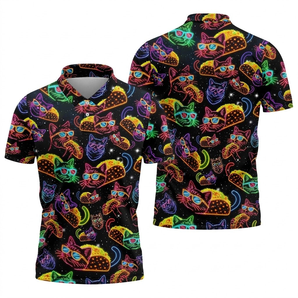 Neon Cat Taco Fiesta Time Hawaiian Golf Shirt, Cinco De Mayo Celebration Golf Shirts For Men