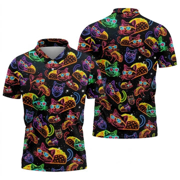 Neon Cat Taco Fiesta Time Hawaiian Golf Shirt, Cinco De Mayo Celebration Golf Shirts For Men
