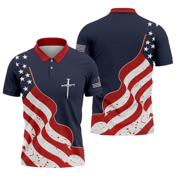 Faith Cross America 250th Anniversary 4th Of July Shirt, Patriotic Navy Golf Shirts For Men