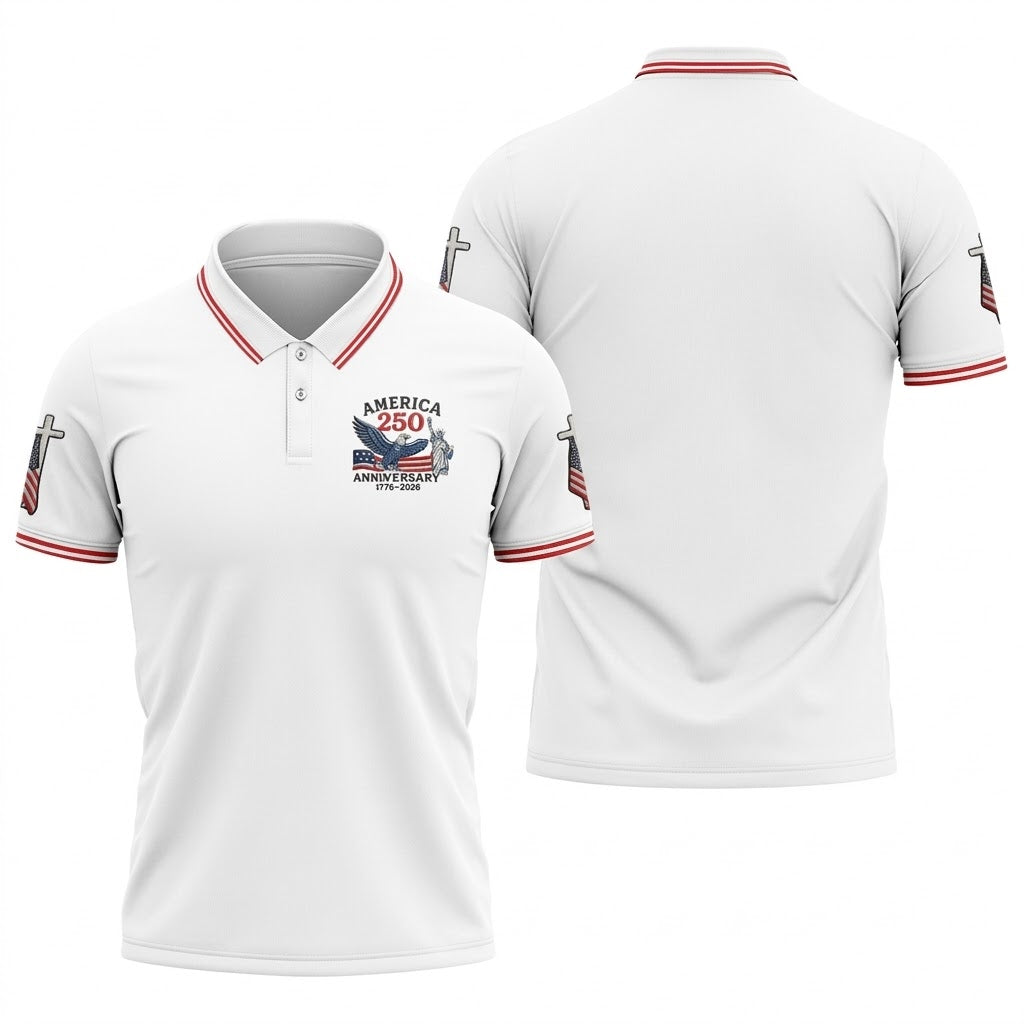 Faith Cross Bald Eagle America 250 Anniversary Patriotic Golf Shirt, Golf Shirts For Men