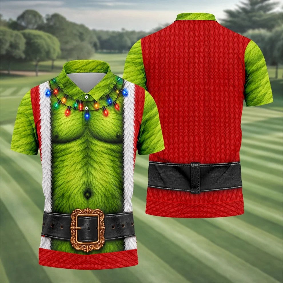 Green Furry Christmas Lights Golf Polo Shirt, Christmas Golf Shirt, Mens Golf Apparel