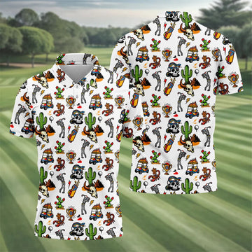 Southwestern Desert Golf Icons Pattern Polo Shirt, Mens Golf Shirts, Hawaiian Golf Shirt