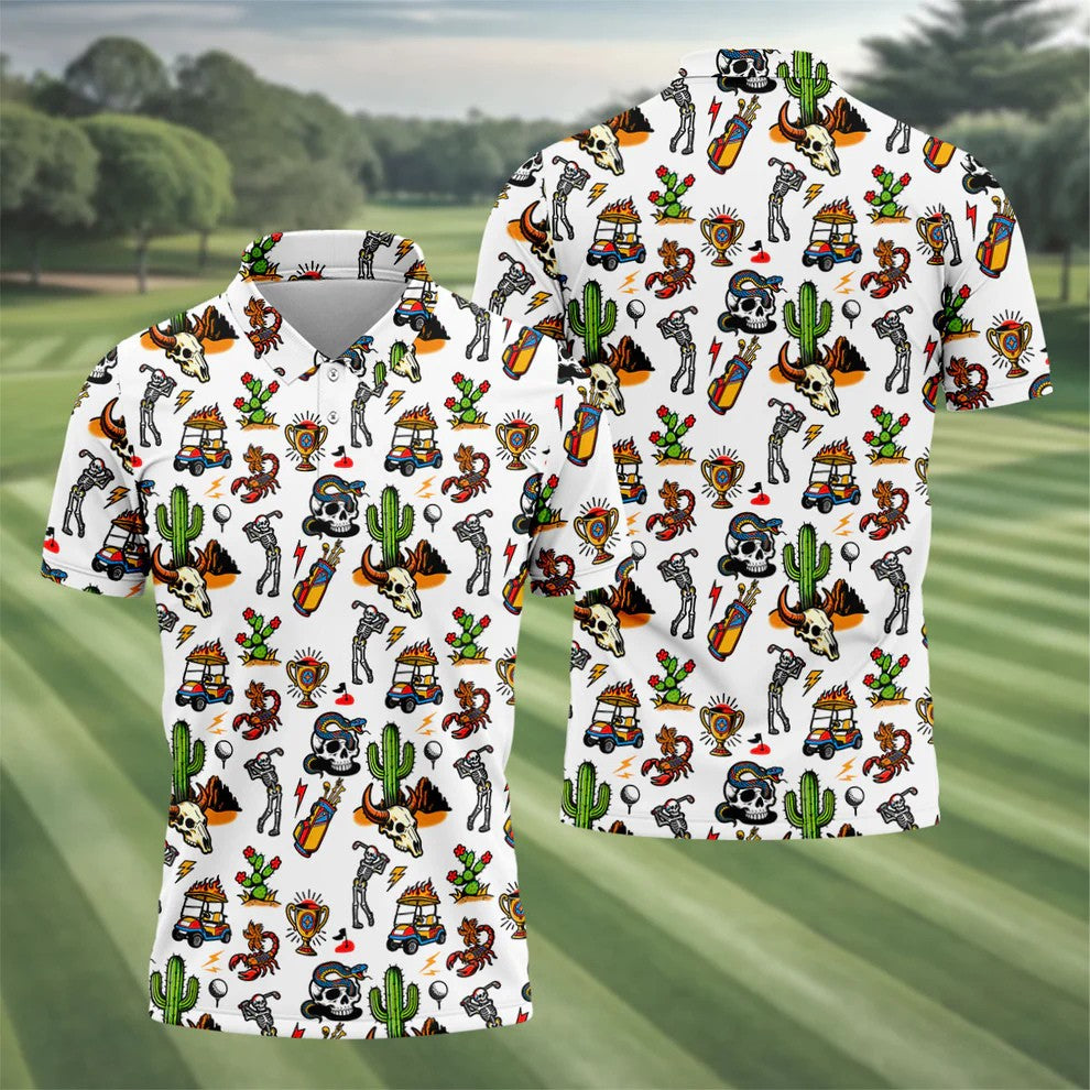 Southwestern Desert Golf Icons Pattern Polo Shirt, Mens Golf Shirts, Hawaiian Golf Shirt