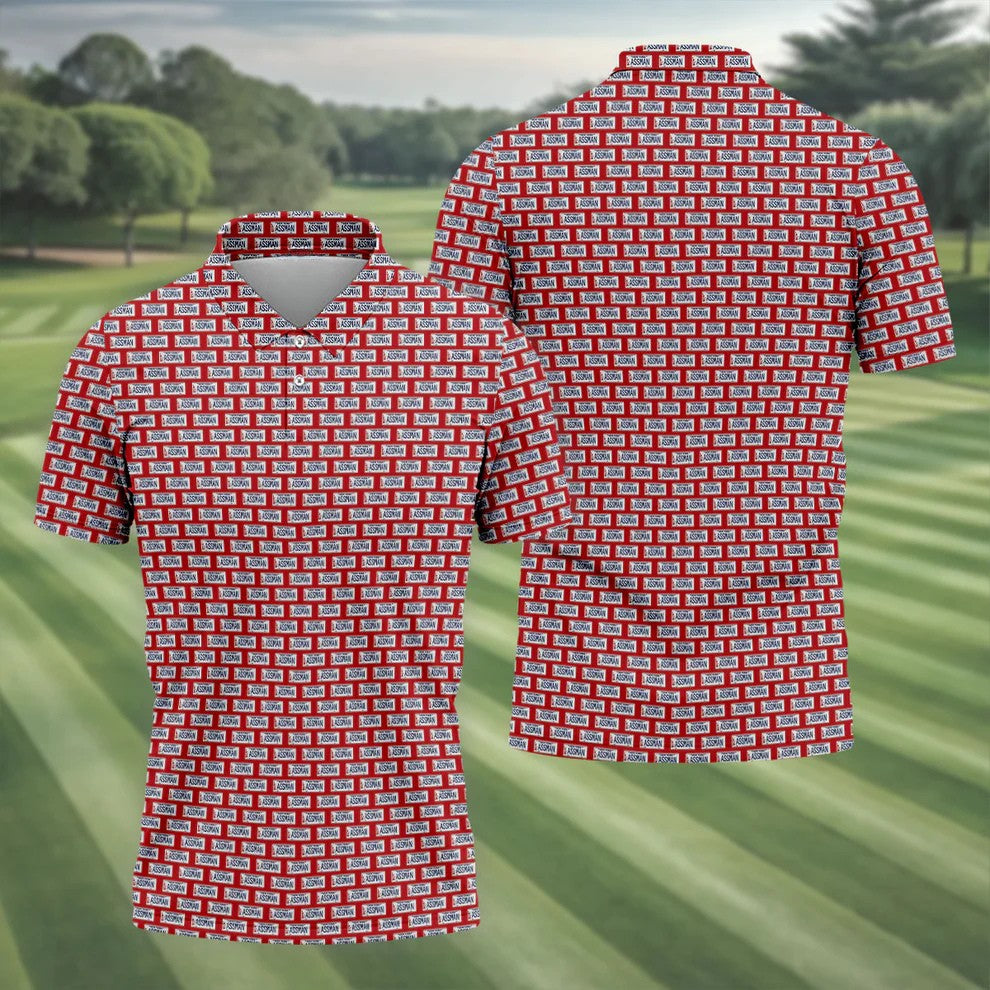 Red New York Assman Pattern Polo Shirt, Mens Golf Apparel, Hawaiian Golf Shirt, Printed Golf Shirts