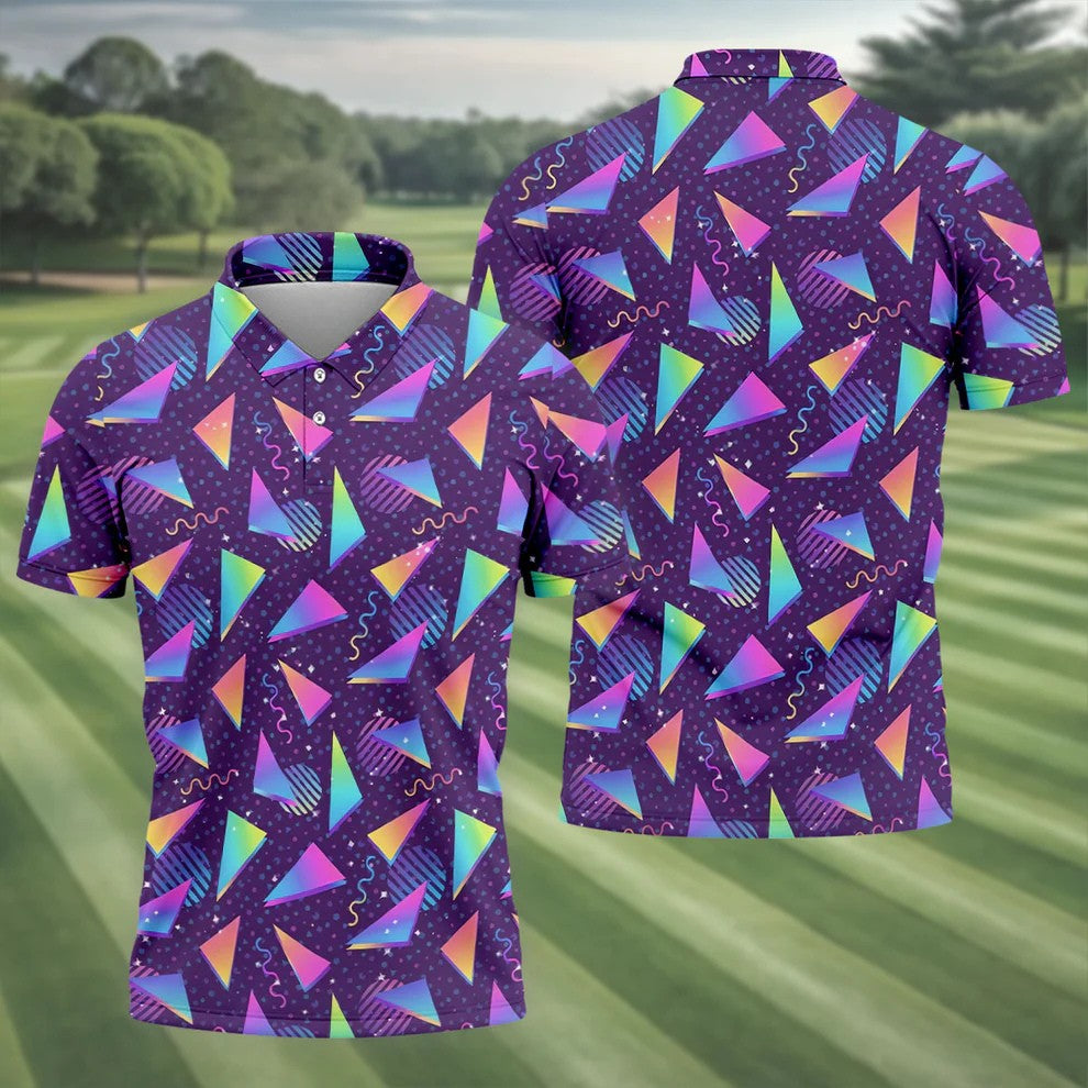 Retro Memphis Geometric Pattern Golf Polo Shirt, Men's Golf Shirt, Golf Apparel For Men