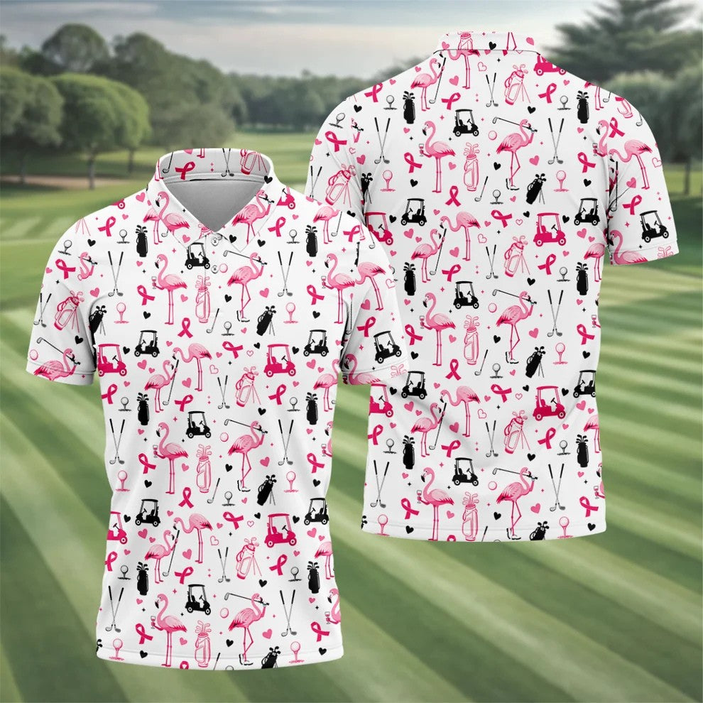 Pink Flamingo Golf Pattern Breast Cancer Polo Shirt, Hawaiian Shirts For Men, Mens Golf Polo