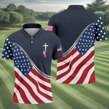 Christian American Flag Cross Golf Polo Shirt, Mens Golf Shirts, Golf Polo Shirts For Men