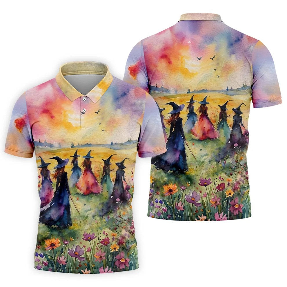 Watercolor Witch Gathering Halloween Golf Polo Shirt, Printed Golf Shirts, Golf Polo Shirts For Men