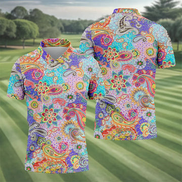 Vibrant Paisley Floral Patchwork Golf Polo Shirt, Hawaiian Golf Shirt, Mens Golf Polo