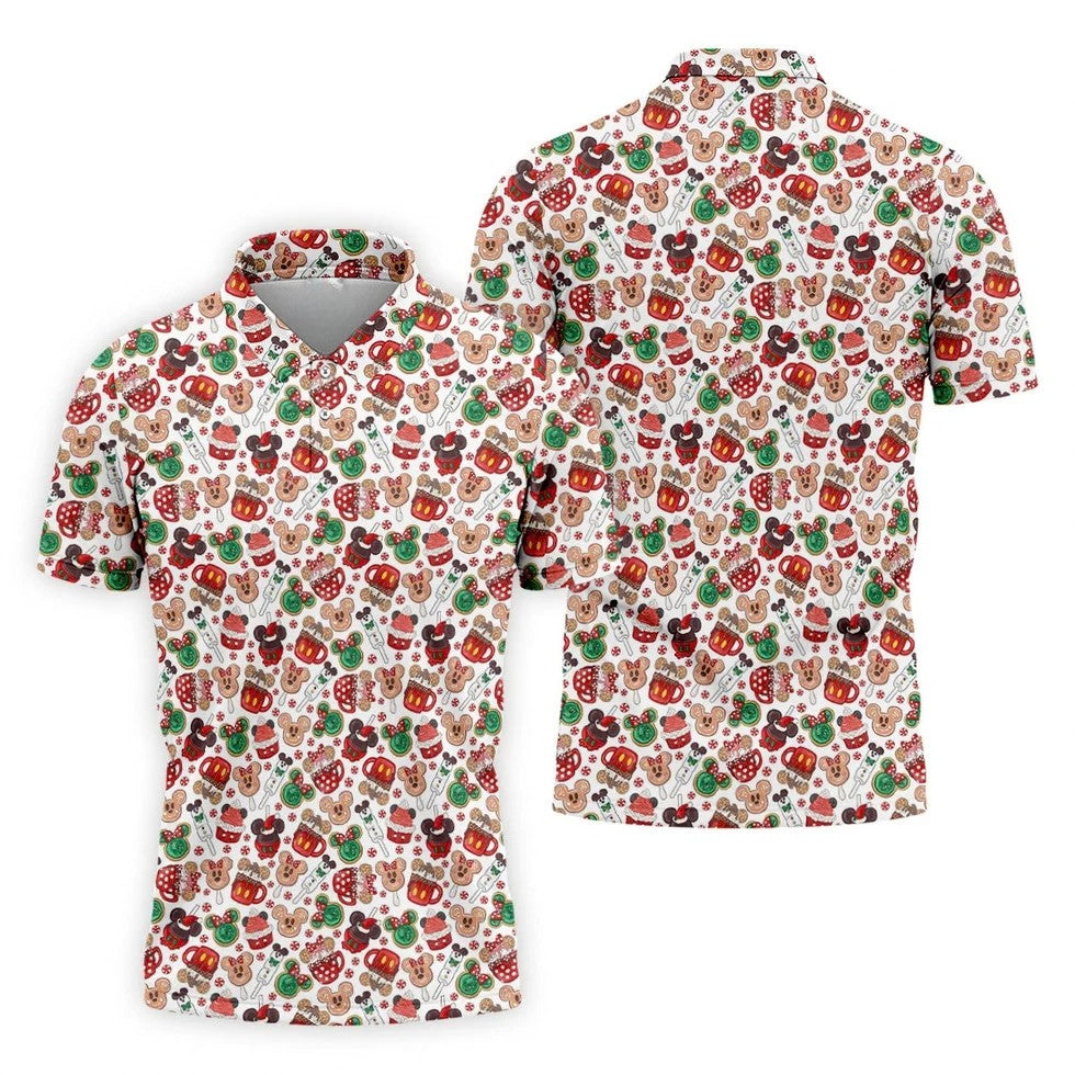 Cute Christmas Dessert Pattern Golf Tops For Men, Cartoon Character Polo Shirts For Men, Christmas Golf Shirt