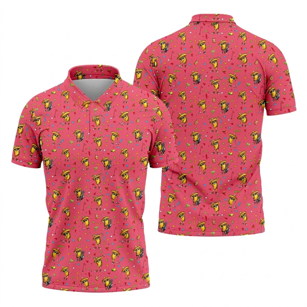 Fairway Fiesta Taco Margarita Mexico Theme Pink Golf Shirt, Men's Golf Shirts, Polo Shirts For Men