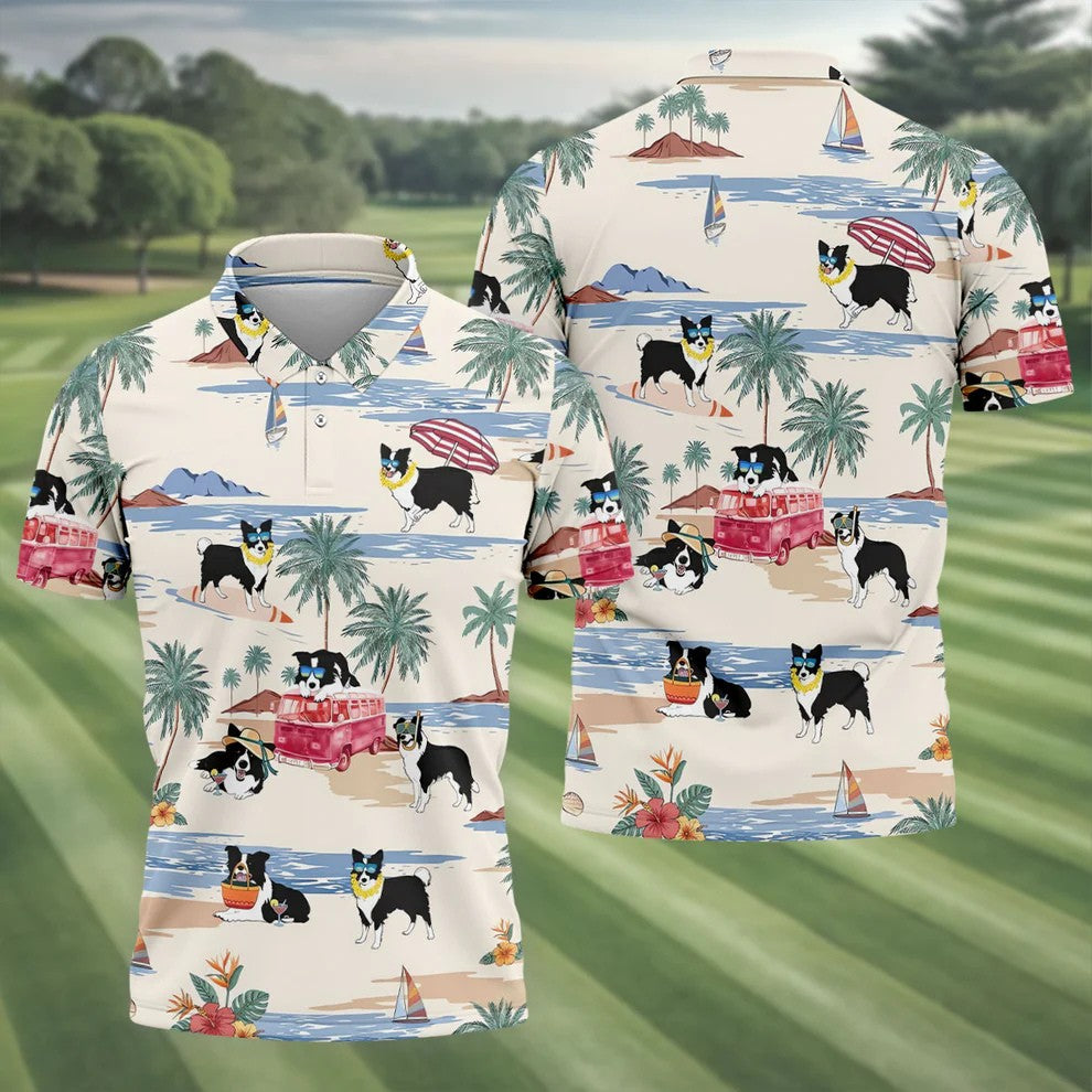 Tropical Border Collie Beach Hawaiian Golf Polo Shirt, Golf Polo Shirts For Men, Mens Polo Shirts
