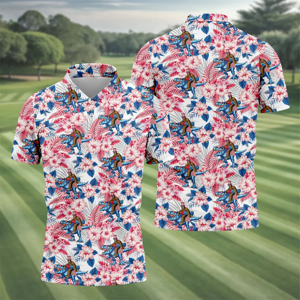 Patriotic T-Rex Bigfoot Hawaiian Floral Golf Shirt, 250 Years 4th Of July Golf Shirts For Men