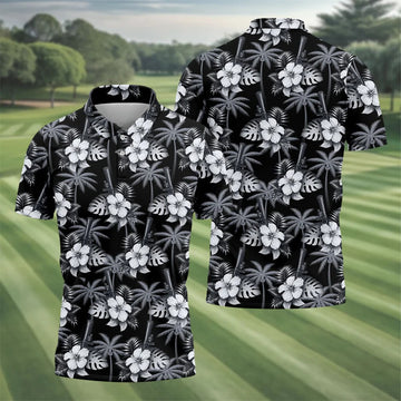 White Hibicus Black Hawaiian Golf Shirt, Tropical Summer Theme Golf Shirts For Men