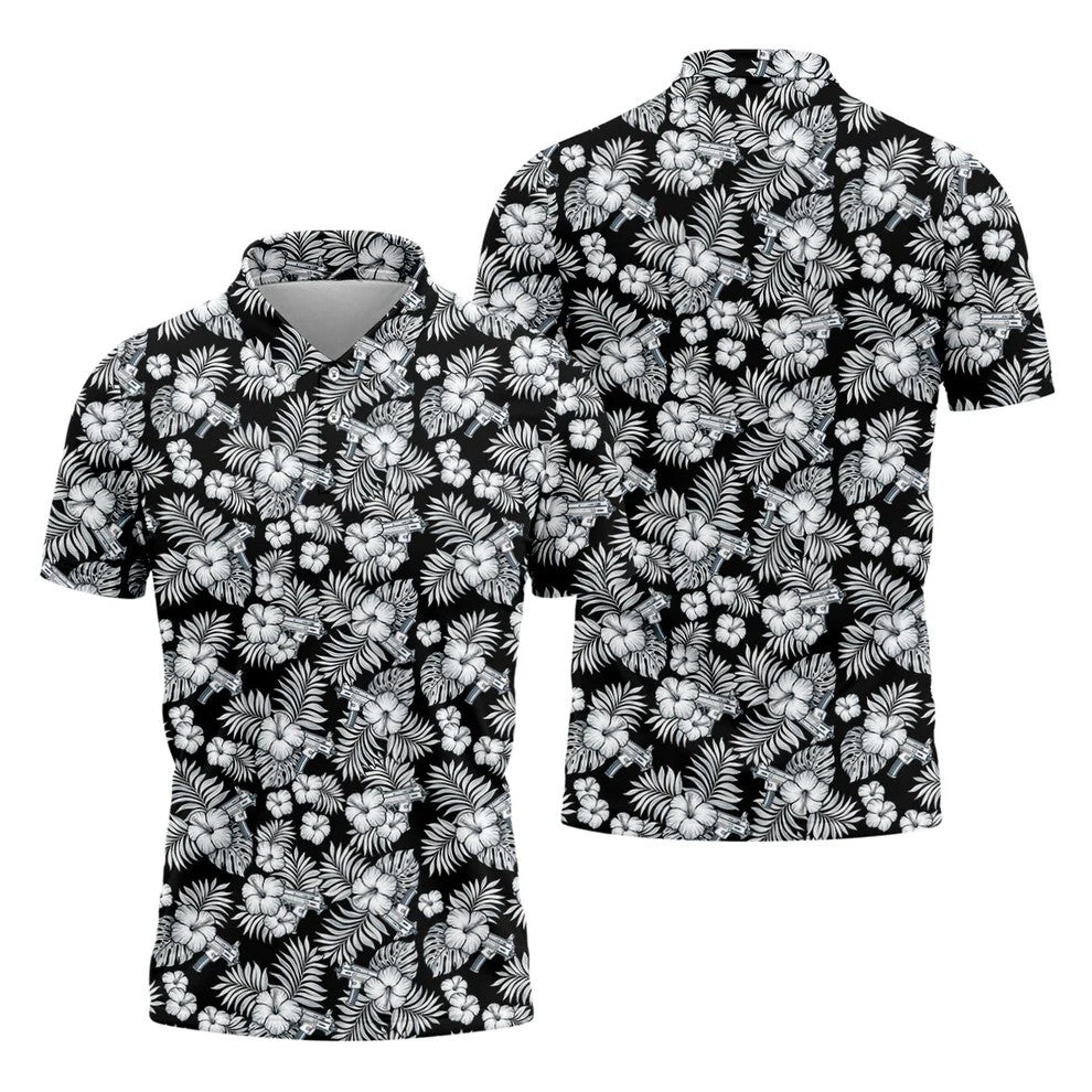 Black And White Pattern Tropical Hawaiian Golf Shirt, Summer Theme Golf Shirts For Men