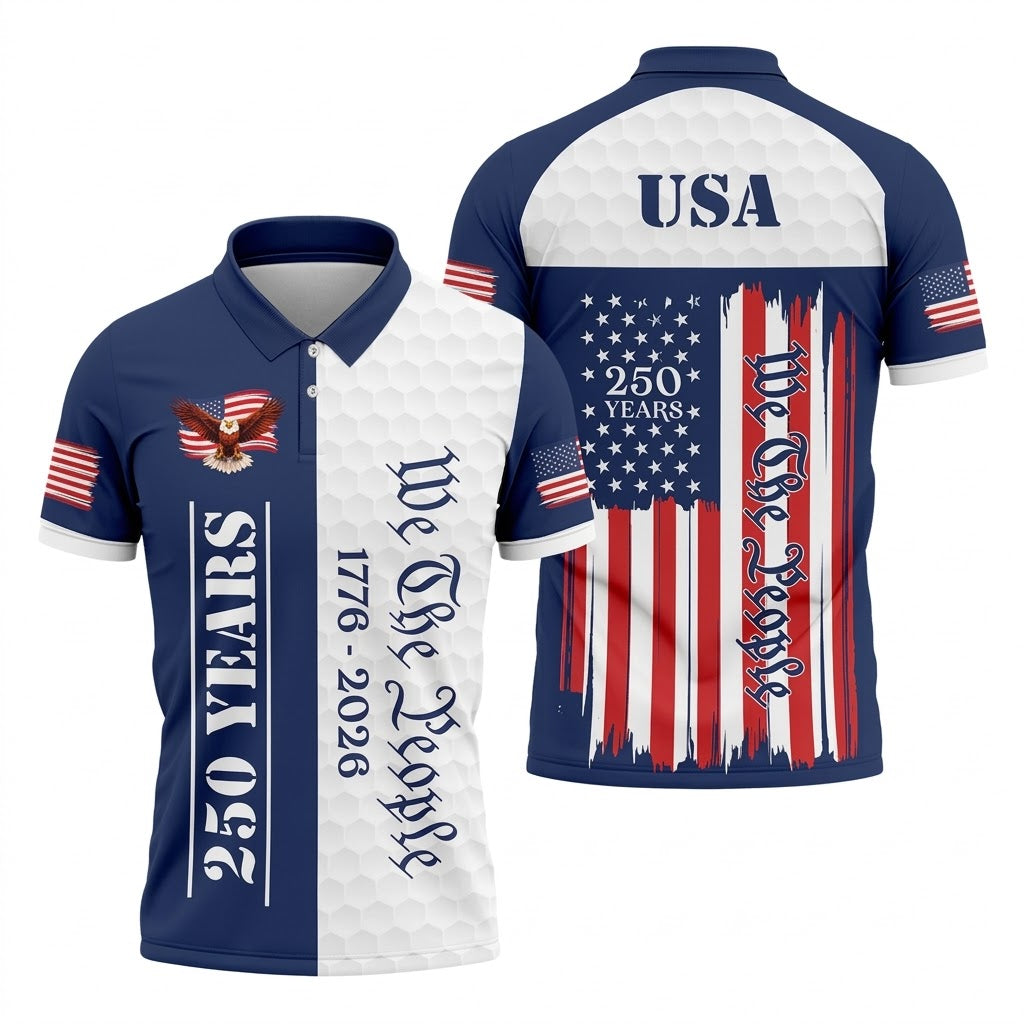 We The People Bald Eagle US Flag Golf Ball Pattern 250 Years Patriotic 4th Of July Golf Shirts For Men