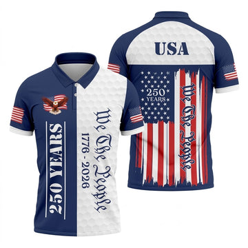 We The People Bald Eagle US Flag Golf Ball Pattern 250 Years Patriotic 4th Of July Golf Shirts For Men