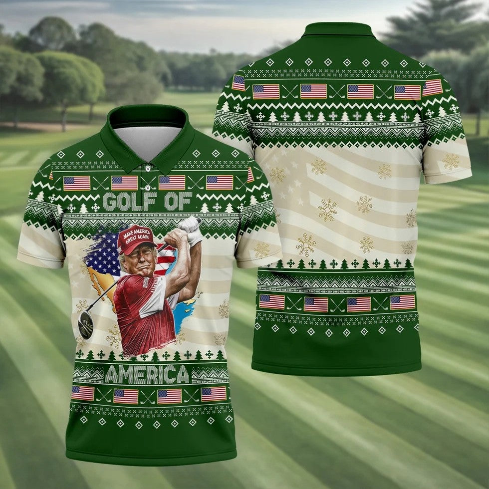Trump Golf Of America Christmas Golf Shirt Men's Funny Golf Polo Shirts, Unique Gift For Golfer, Christmas Golf Gift