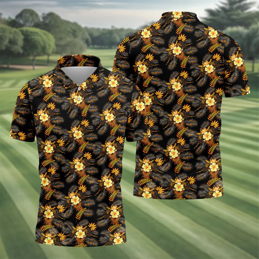 Yellow Hibiscus Flower Black Hawaiian Golf Shirt, Tropical Vibe Golf Shirts For Men