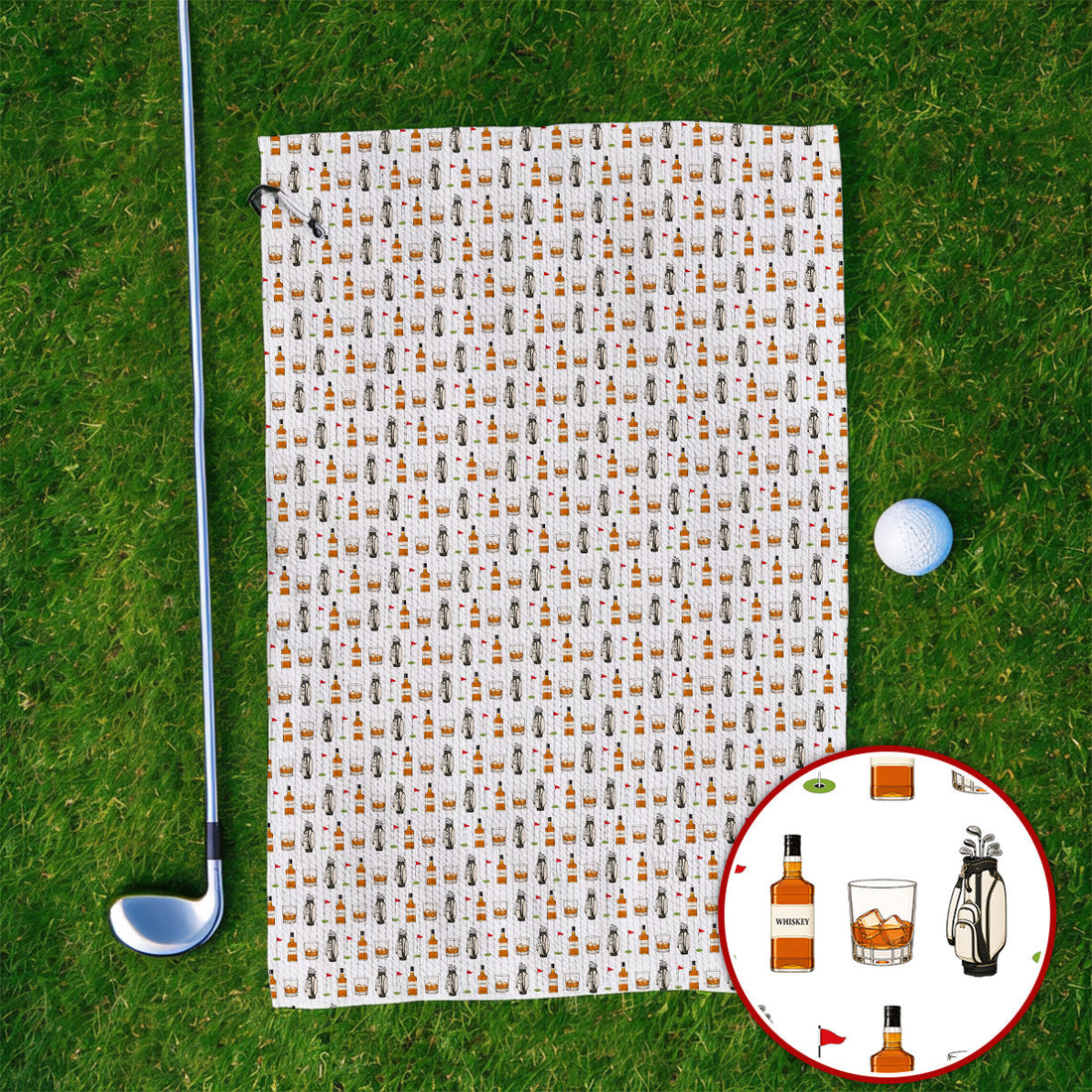 Whiskey Pattern Golf Towel, Bourbon Golf Towels, Whiskey Golf Lover Gift