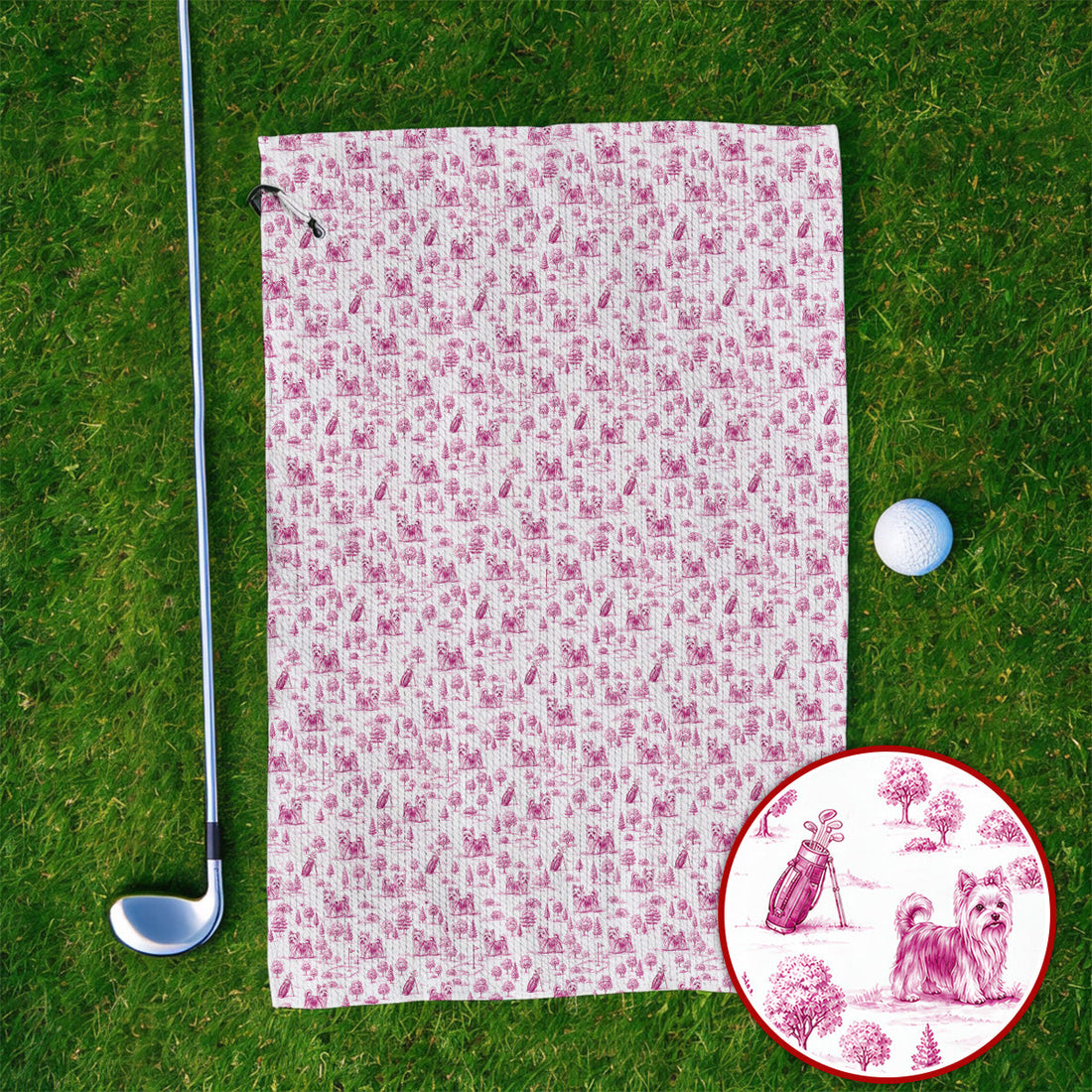 Yorkshire Terrier Toile De Jouy Golf Towels, Yorkie Pattern Golf Towel, Golf Gift For Golfer