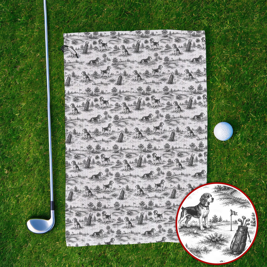 Beagle Toile De Jouy Golf Towel, Vintage Dog Pattern Golf Towels, Beagle Lover Golf Gift