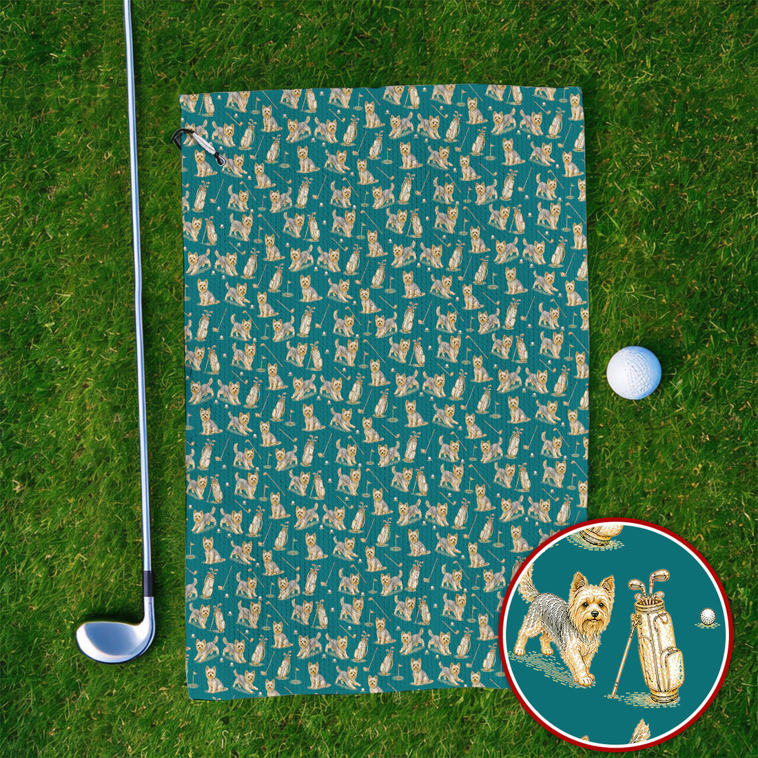 Yorkshire Terrier Golf Towel, Vintage Yorkie Golf Pattern Towels, Cute Dog Lover Golf Apparel For Golfer