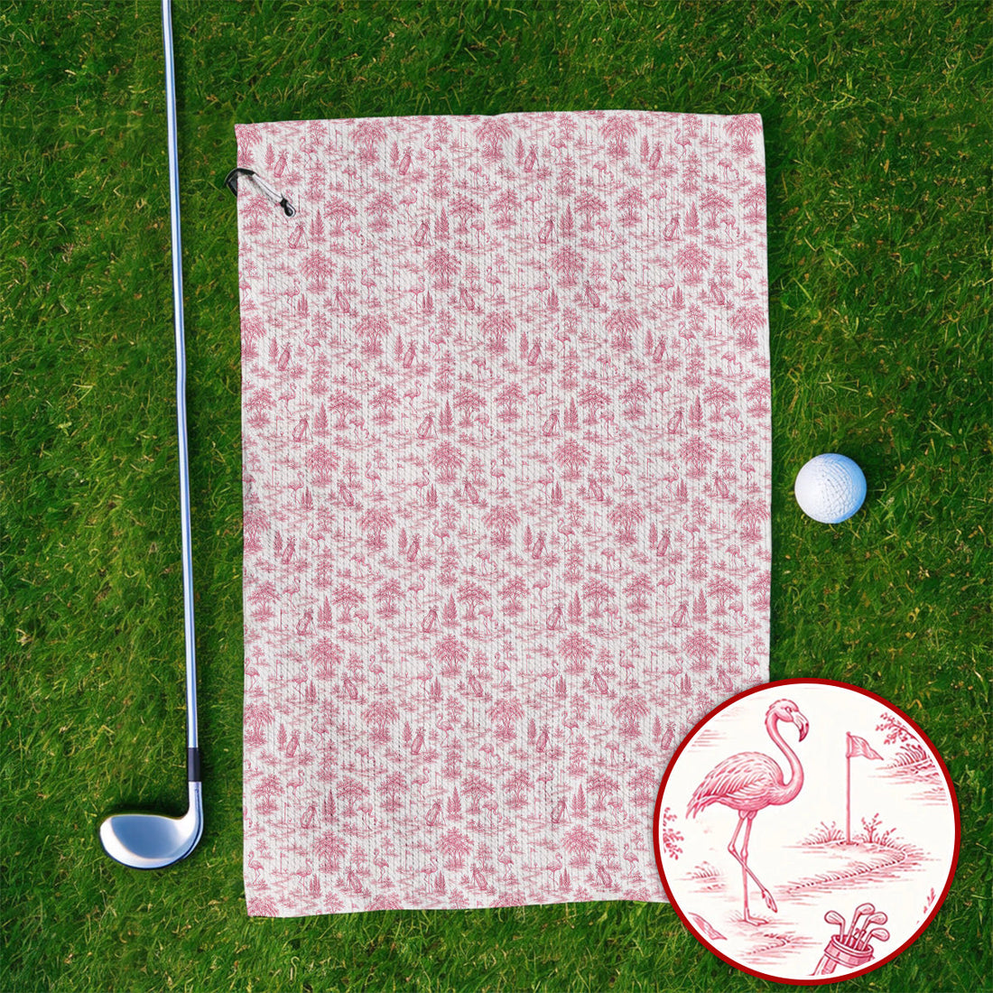 Toile De Jouy Flamingo Golf Towel, Crazy Pink Golf Towels, Golf Gift For Golfer