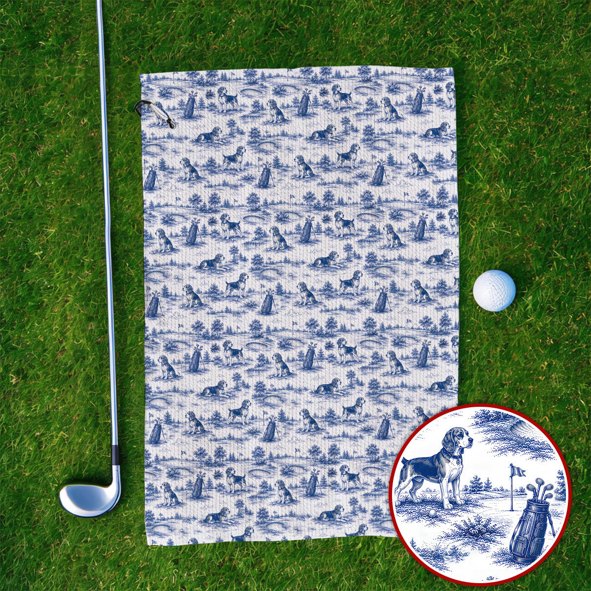 Beagle Toile De Jouy Golf Towel, Vintage Dog Pattern Golf Towels, Beagle Lover Golf Gift